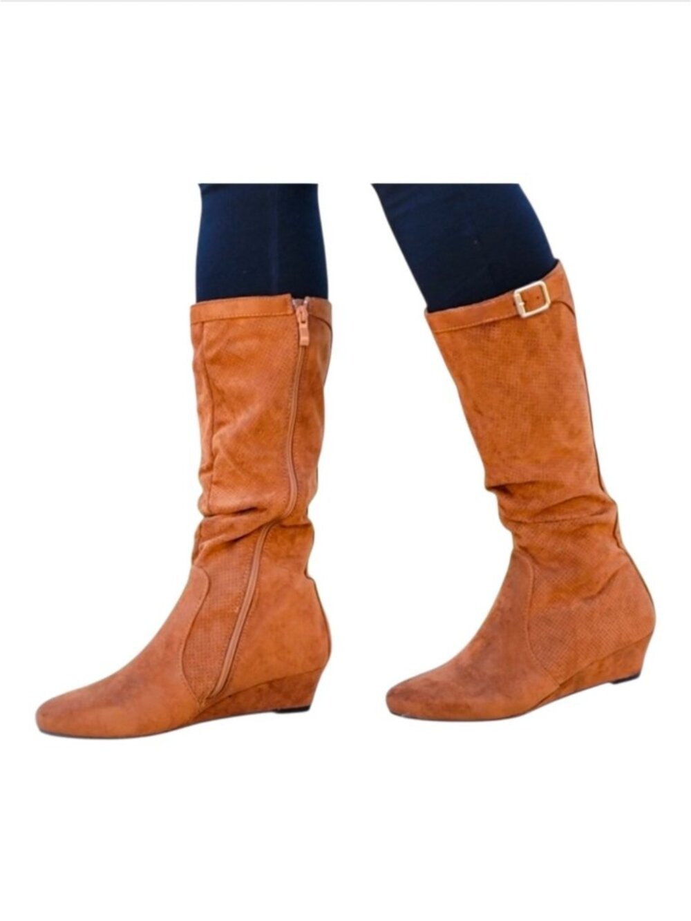 Tan Knee-High Faux Suede Wedge Boots With Side Zipper & Buckle Accent For Women - Picture 6 of 12